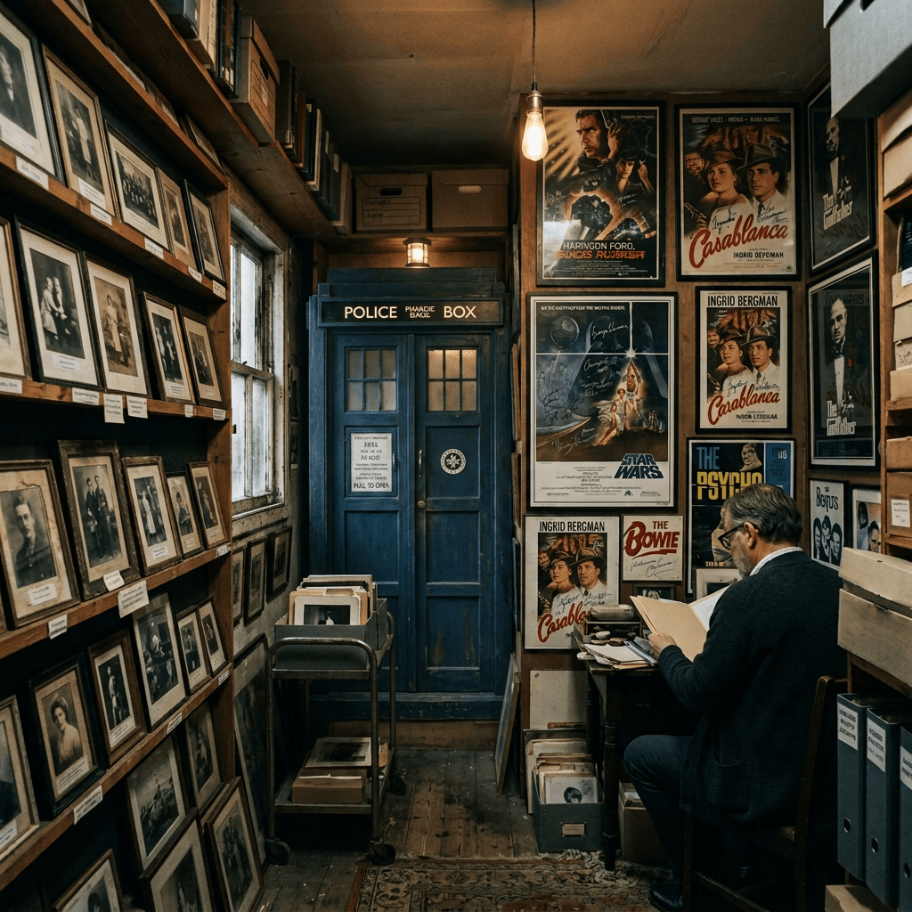 Person reviewing materials in a room filled with vintage photographs and film posters